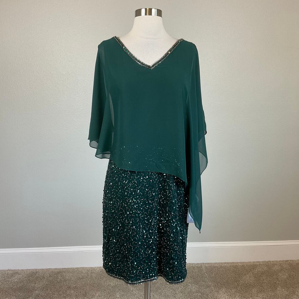 JKara Green Cocktail Dress Sequined Chiffon Caped V-Neck Mini Sheath Size 6 - Picture 2 of 12